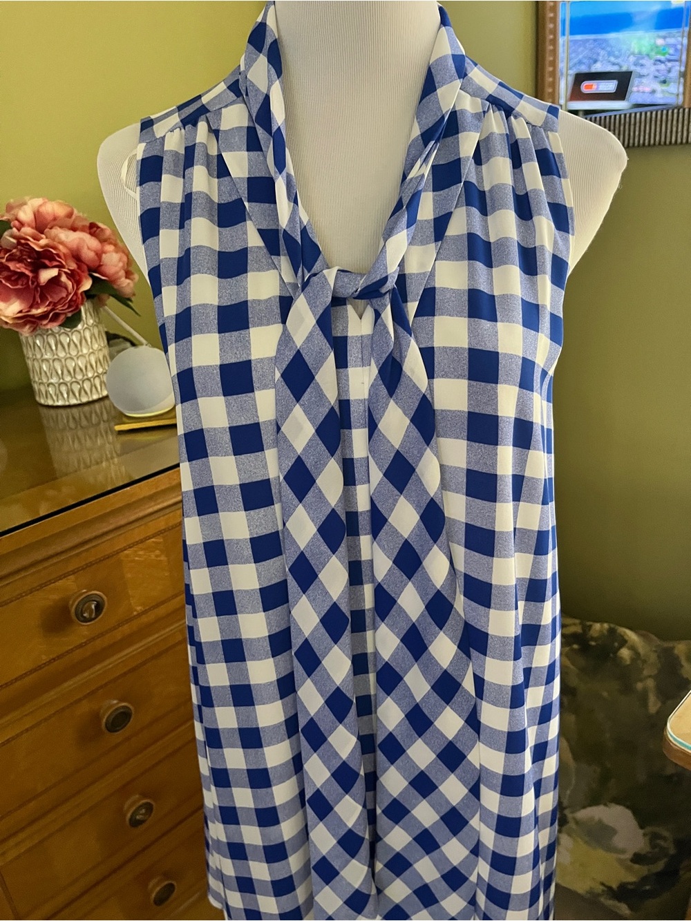 CeCe Blue and White Gingham Tie-Neck Dress..NWOT